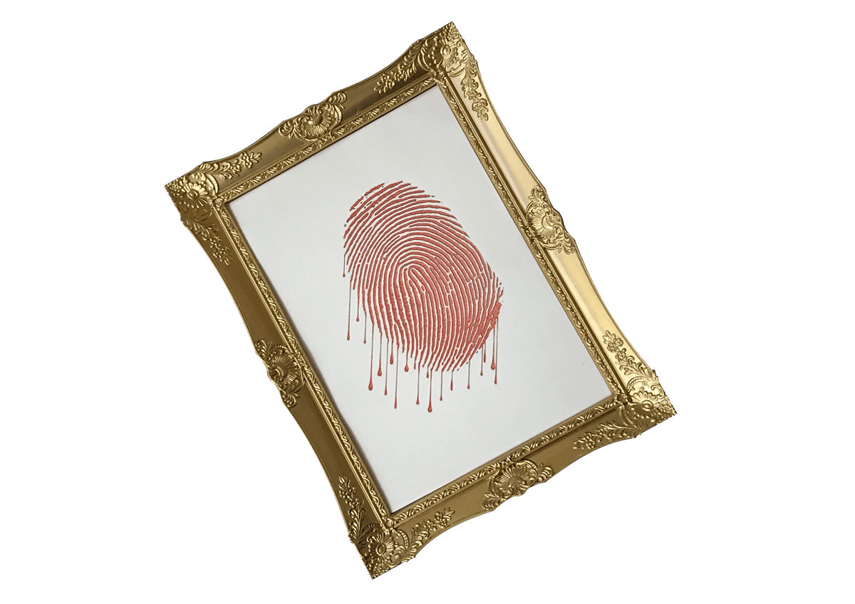 Logo for Framed by Elude Escape Rooms - gold frame with a dripping red thumbprint