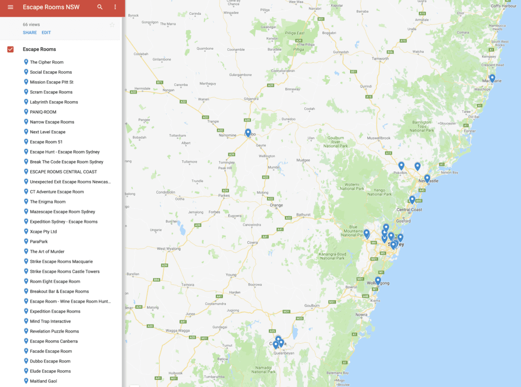 Map of Escape Rooms in NSW